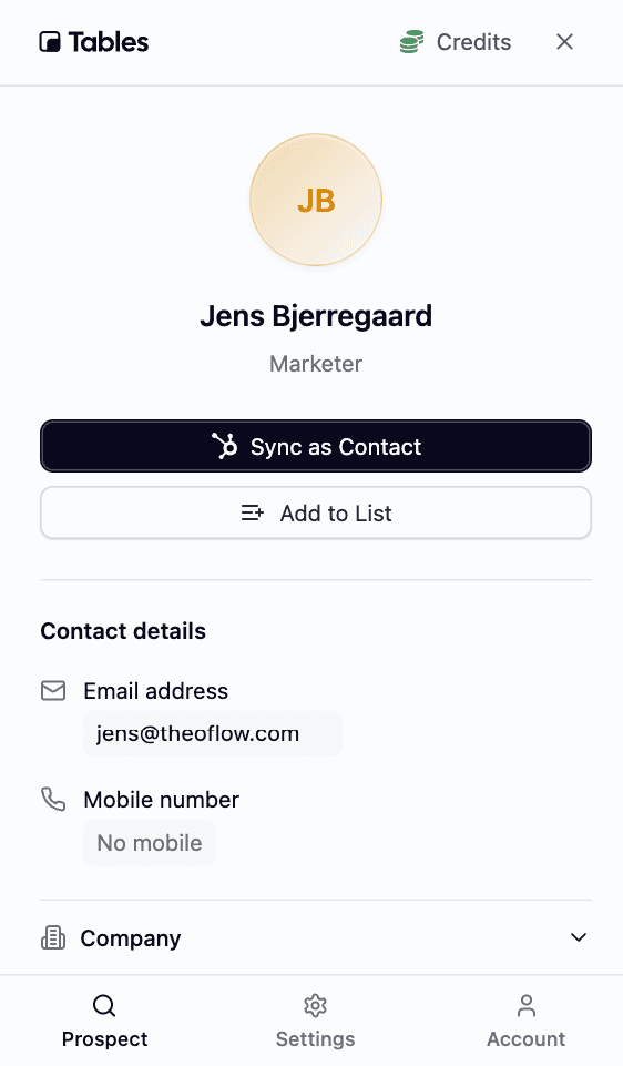 Tables Chrome extension revealing a LinkedIn contact