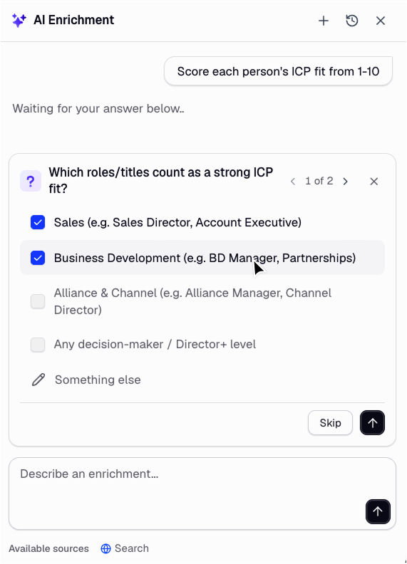Tables AI enrichment chat panel