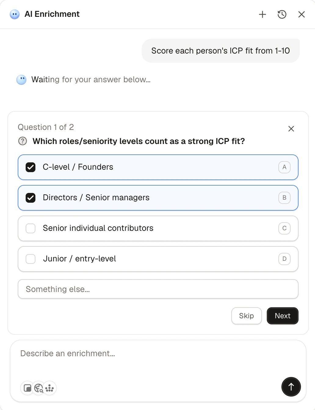 Tables AI enrichment chat asking which roles count as a strong ICP fit