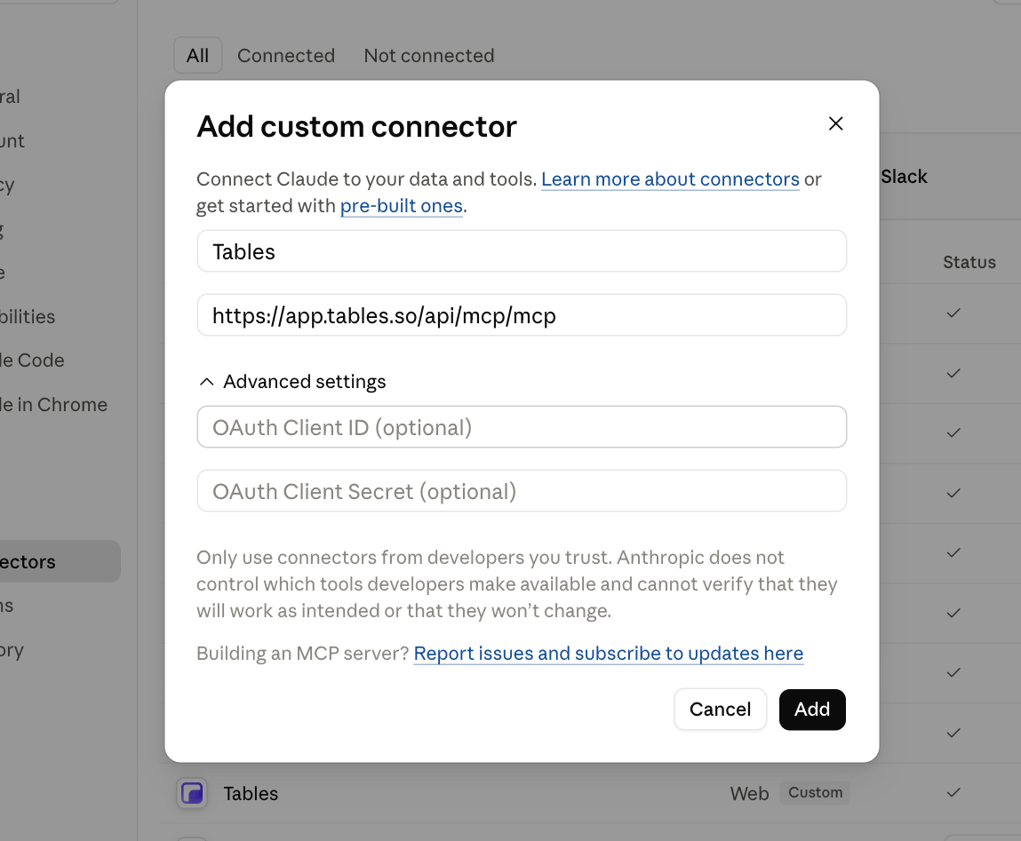 Claude's Add custom connector dialog, pre-filled with the Tables MCP server URL