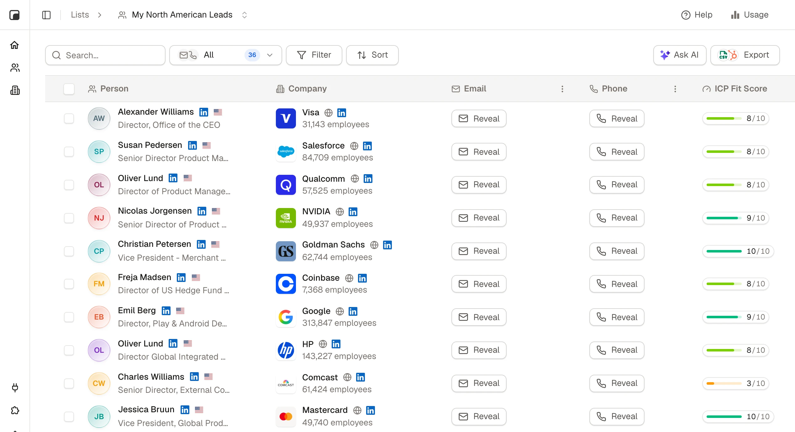 Tables workspace showing a prospect list with AI-scored ICP fit