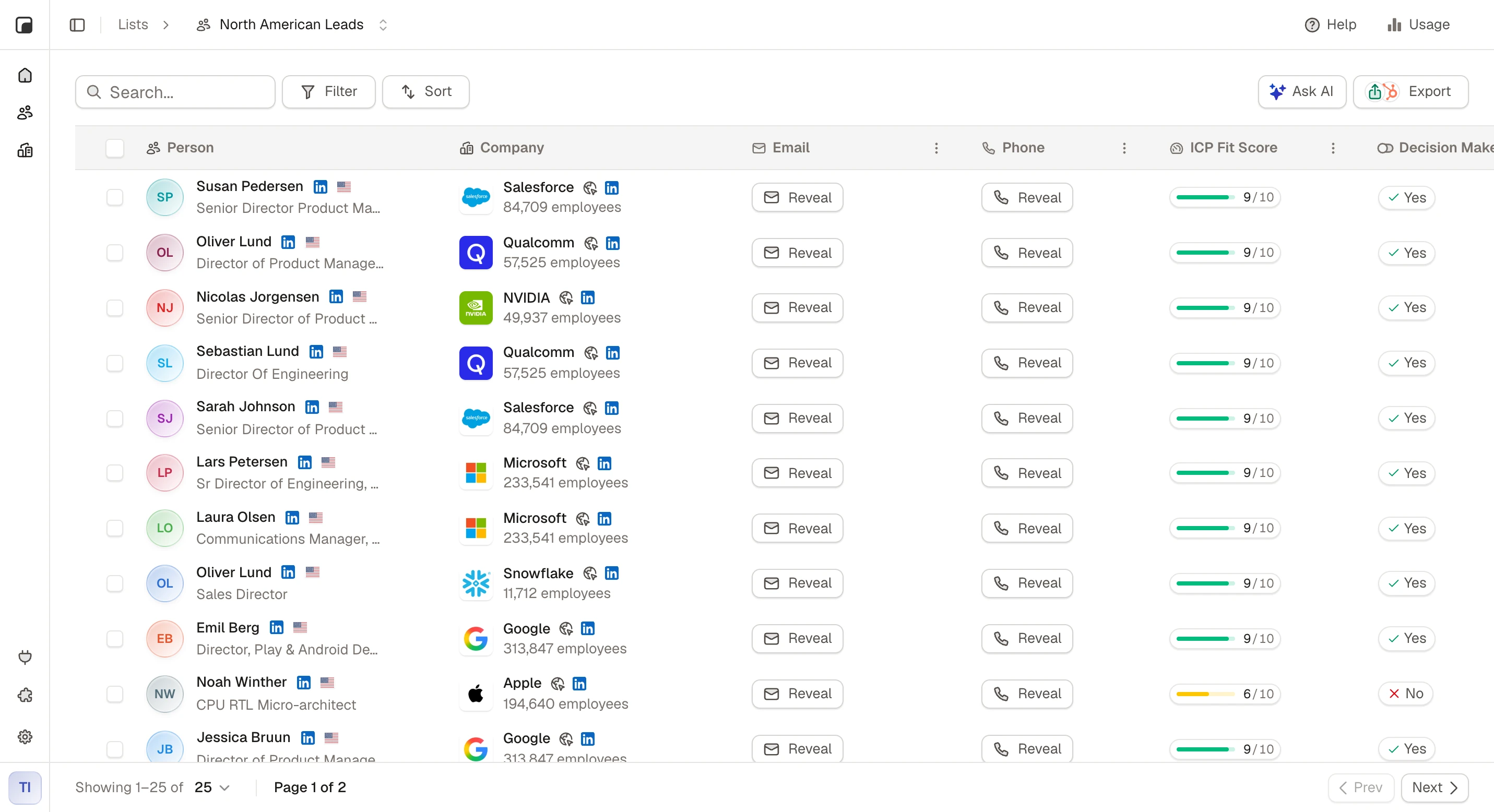 Tables workspace showing a prospect list with AI-scored ICP fit