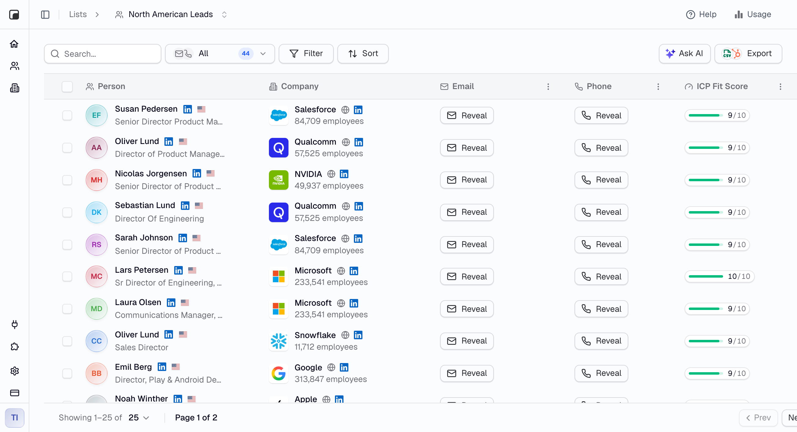 Tables workspace revealing verified emails and phone numbers for a prospect list