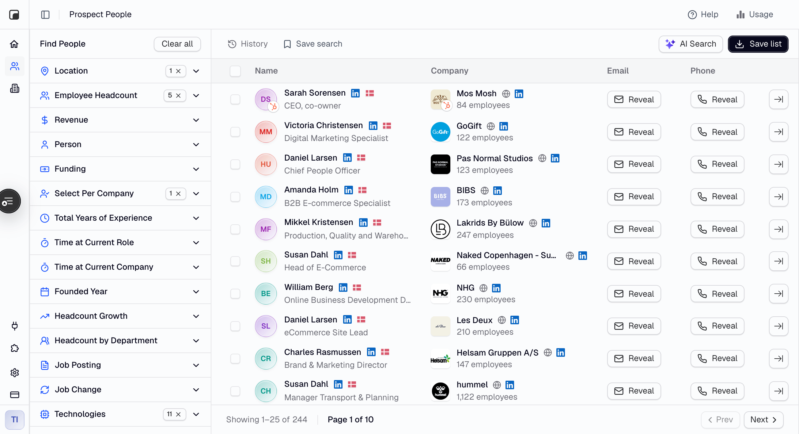 Tables people search listing Danish e-commerce companies filtered by technology